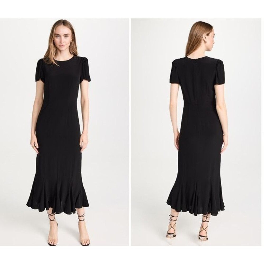 Rhode Lulani Dress Black Maxi Dress with Short Sleeves and Ruffled Hem 12 large